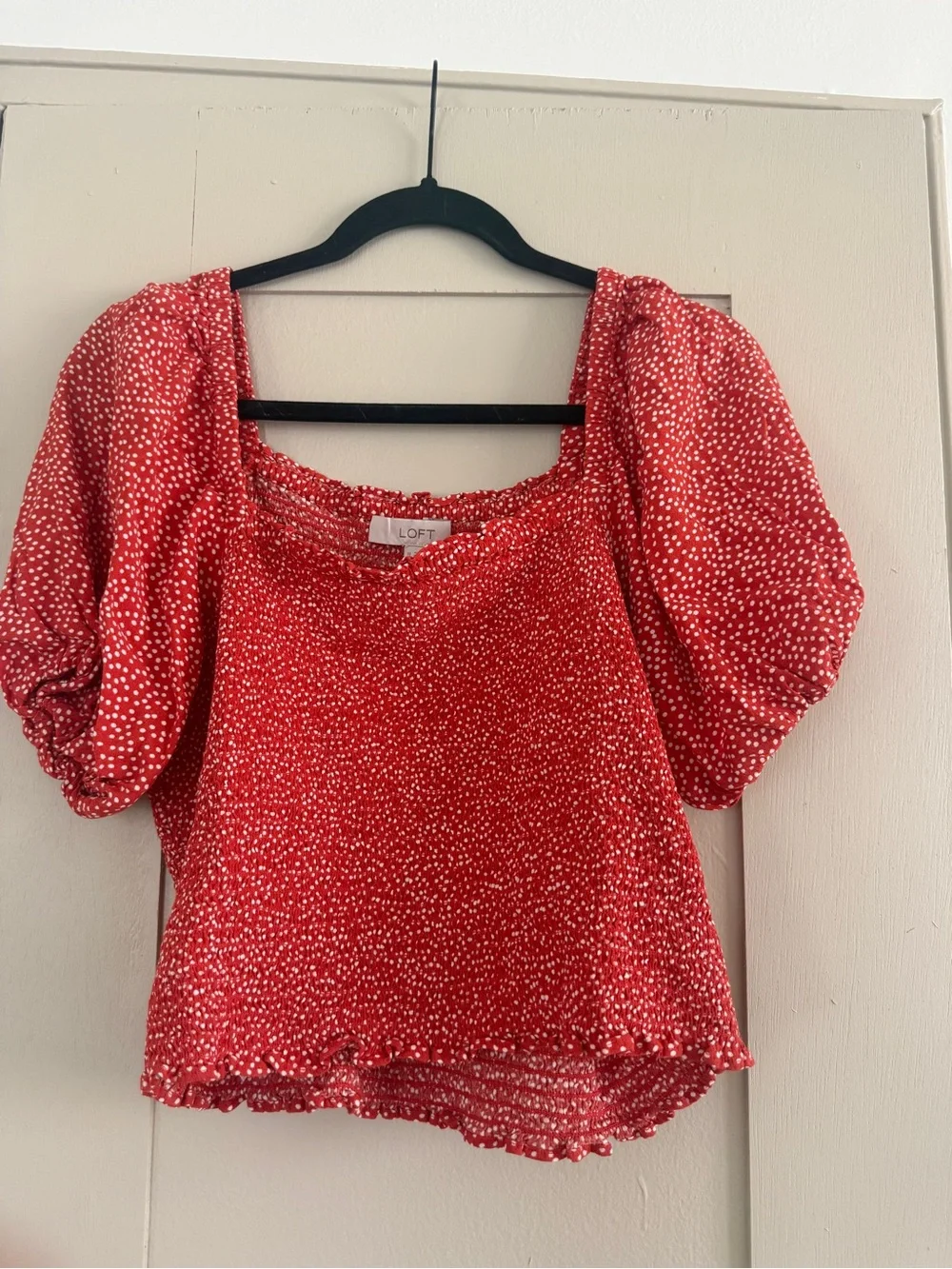 LOFT Red Puff Sleeve Square Neck Blouse with White Dot Print